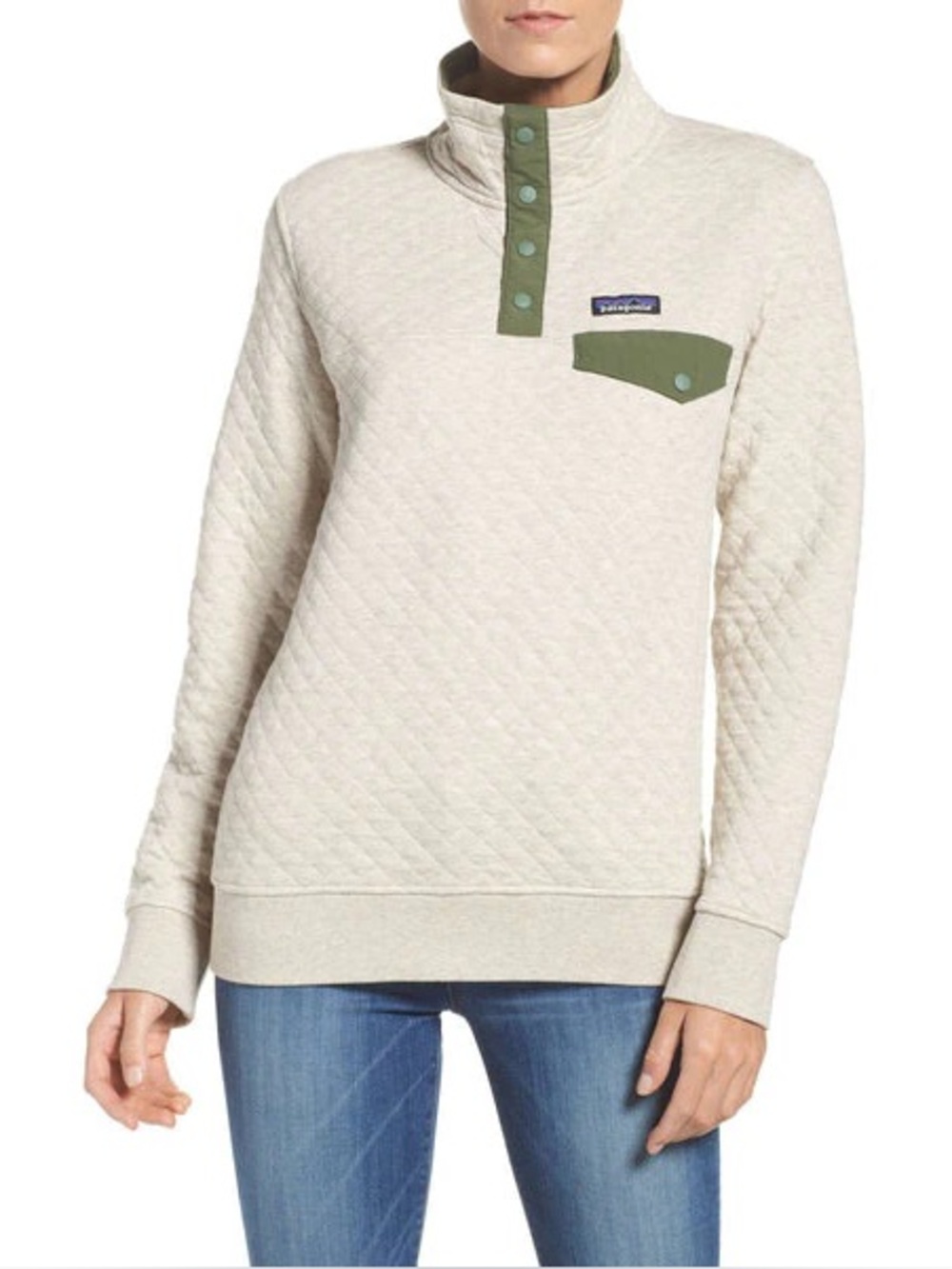 Patagonia Birch and Olive Quilted Snap Sweatshirt